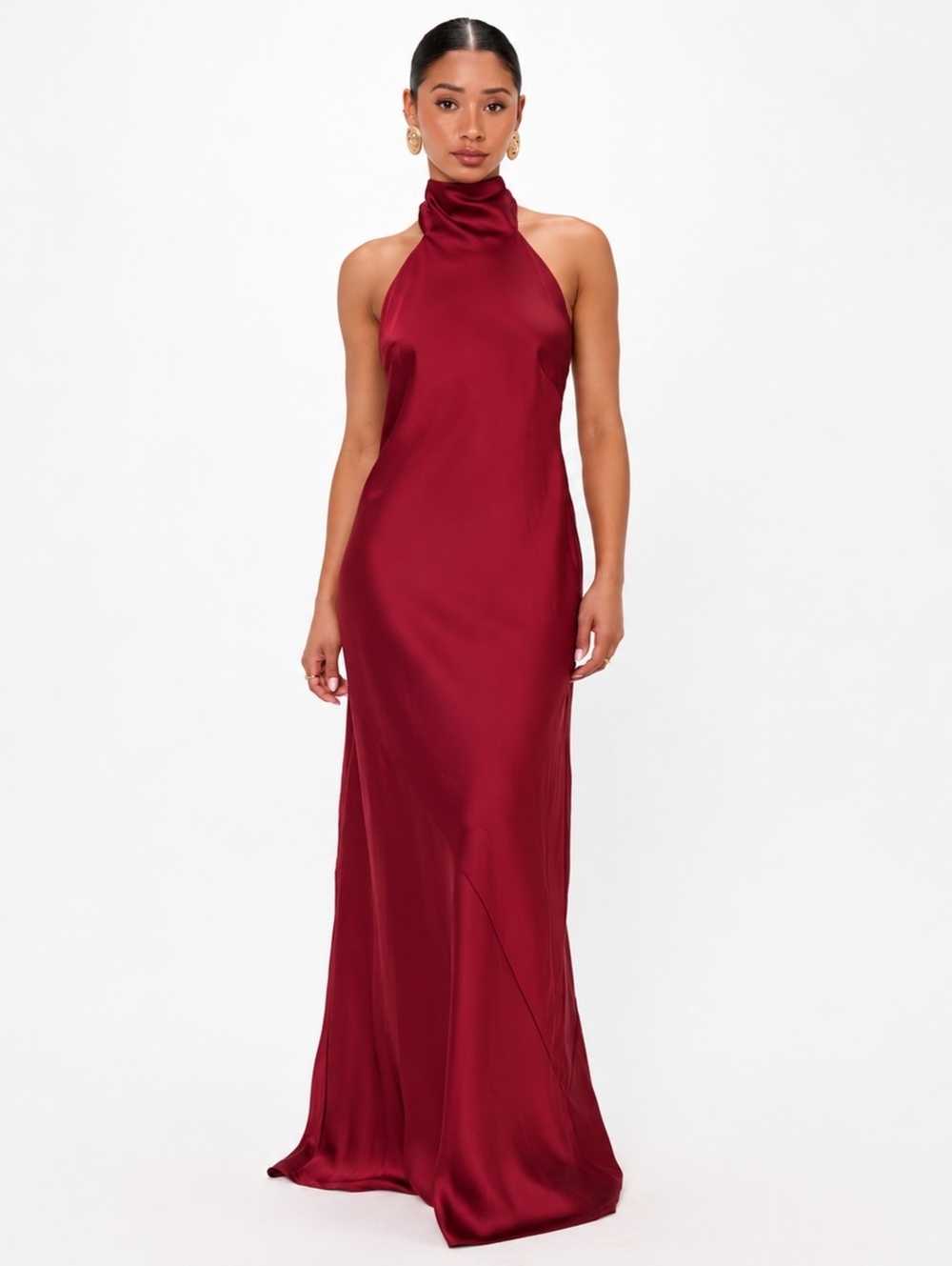 Commense Burgundy Satin Halter Maxi Dress High Neck Formal XS NWT